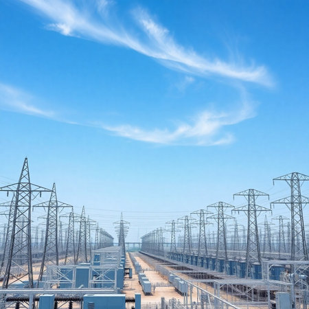 High-voltage power lines and pylons against blue skyの素材
