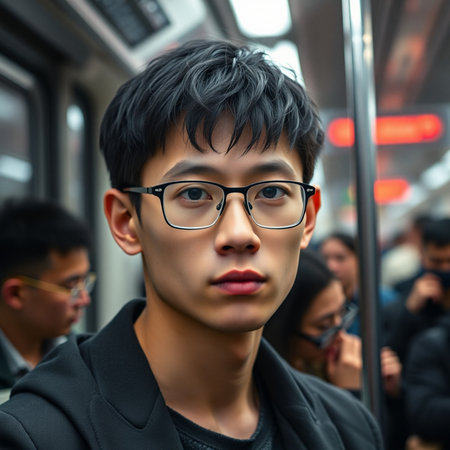 Portrait of young Asian man with eyeglasses in the subwayの素材