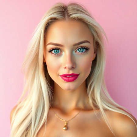 Portrait of a beautiful young blonde woman with makeup on pink backgroundの素材