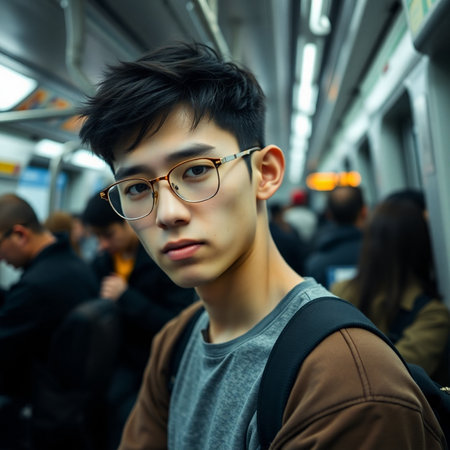 Handsome young Asian man with eyeglasses in the subwayの素材