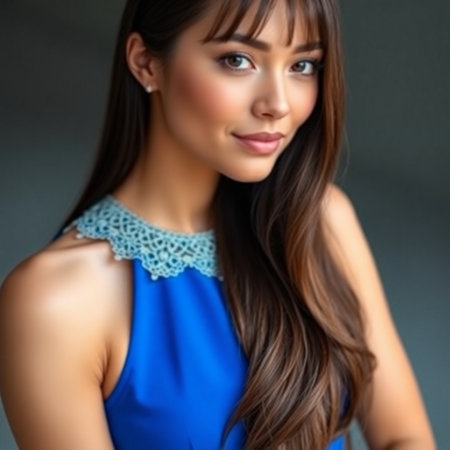 Portrait of a beautiful brunette woman in a blue dress.の素材