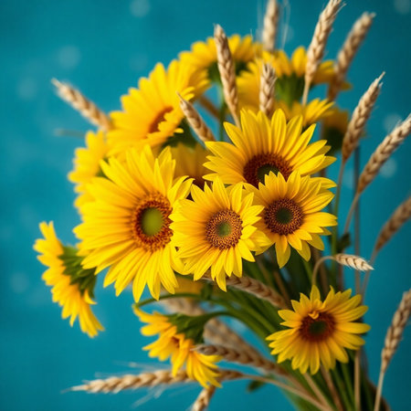Bouquet of yellow sunflowers and wheat ears on blue backgroundの素材