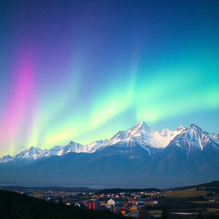 Aurora borealis, northern lights in the sky over the mountainsの素材