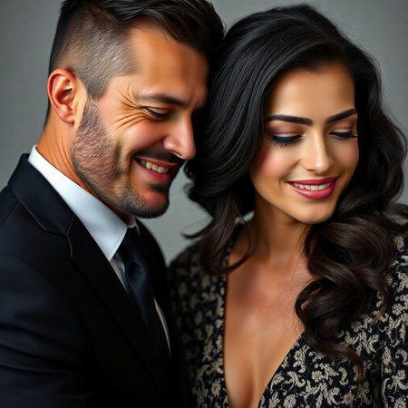 Portrait of a happy young couple in love on gray background.の素材