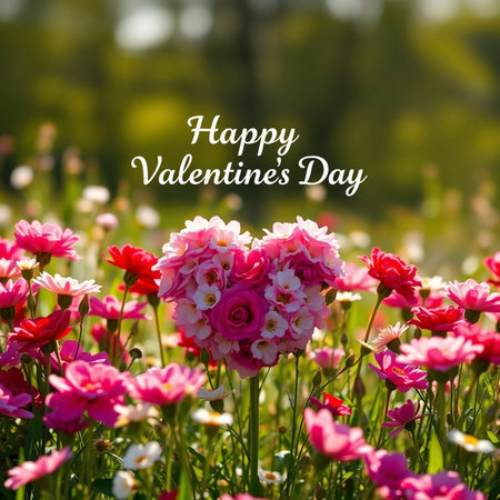 Happy Valentines Day card with pink and white daisies in the fieldの素材