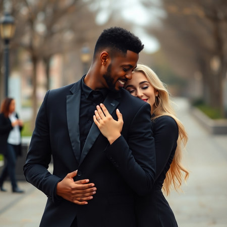 Young afro american man embracing his girlfriend in the street.の素材