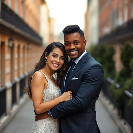 wedding, bridal, holidays and people concept - smiling couple hugging over city street backgroundの素材
