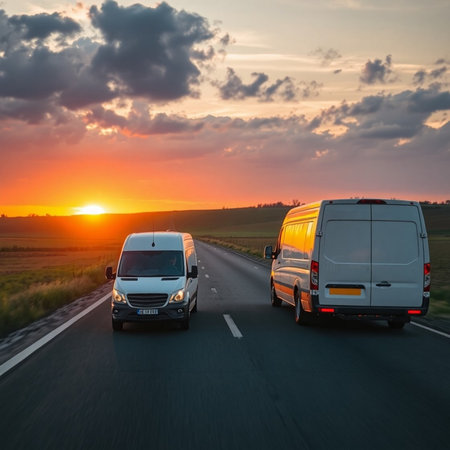 Cars on the highway at sunset. Freight transportation concept.の素材