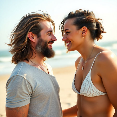 Portrait of a happy young couple in love on the beach.の素材