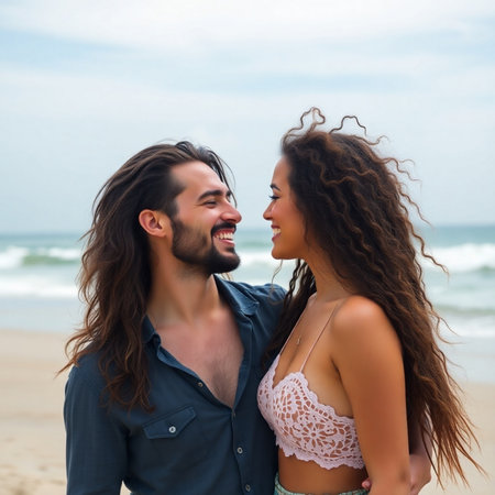 Portrait of happy young couple embracing and looking at each other on the beachの素材