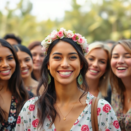Group of young women with flowers in their hair smiling and looking at cameraの素材