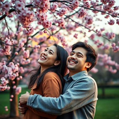 Happy asian couple standing near blooming sakura tree in parkの素材