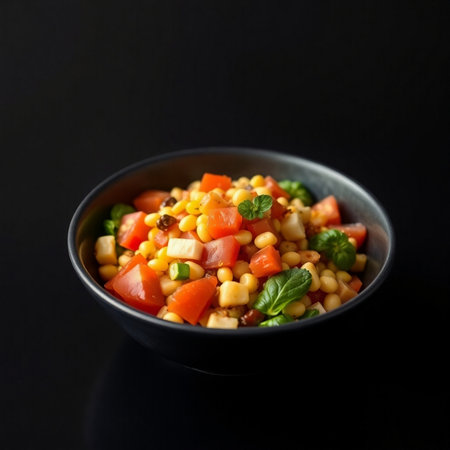 Vegetable salad with chickpeas, tomatoes and corn in bowl on black backgroundの素材