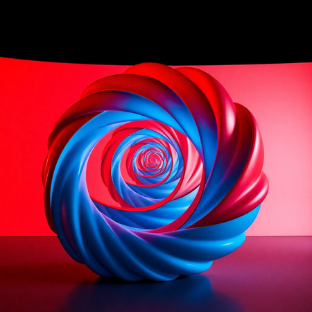 3d render of abstract red and blue spiral with black background.の素材