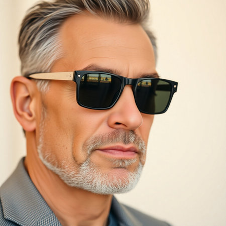 Close up portrait of a handsome middle-aged man with gray hair wearing sunglassesの素材