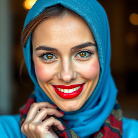 Close-up portrait of a beautiful young Muslim woman wearing scarf.の素材