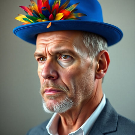 Portrait of a senior man wearing a hat with a flower in his hairの素材