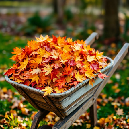Autumn leaves in a wheelbarrow. Selective focus.の素材