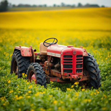 Old tractor in a field of yellow flowers. Selective focus.の素材