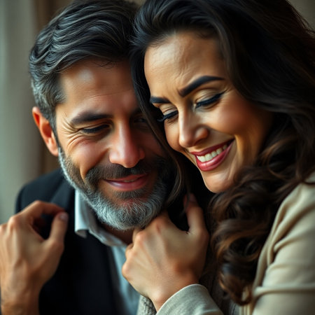 Closeup portrait of a loving couple looking at each other and smilingの素材
