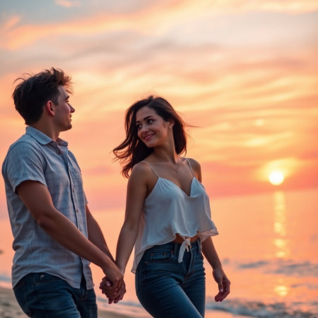 Romantic young couple holding hands and walking on the beach at sunsetの素材
