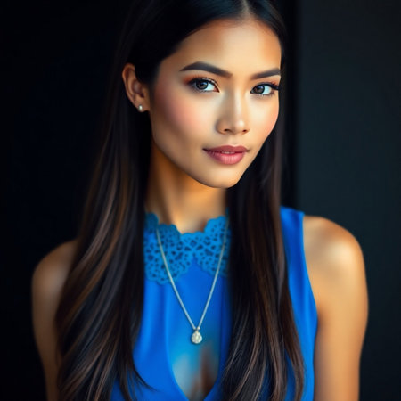 Portrait of beautiful Asian woman with long hair and blue dress.の素材