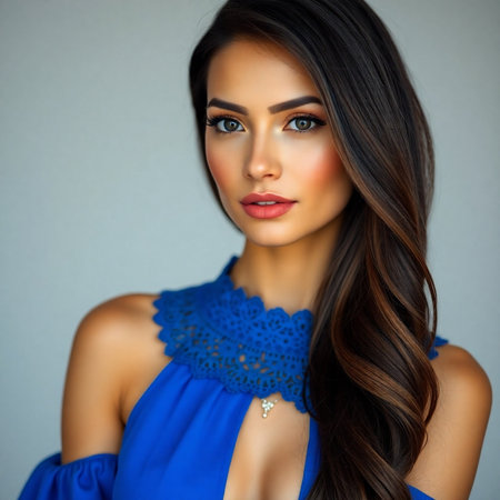 Portrait of a beautiful young brunette woman in blue dress.の素材
