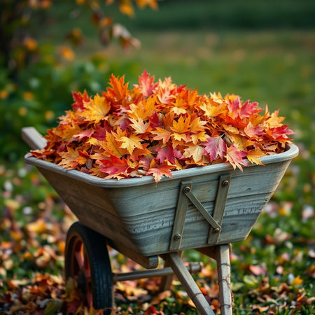 Wheelbarrow with autumn leaves in the garden. Selective focus.の素材