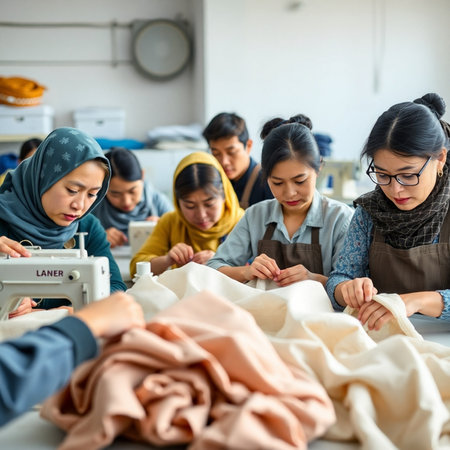 group of Asian Muslim women and men working with sewing machineの素材