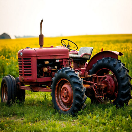 Old tractor on the field of rapeseed. Photo in old color image styleの素材