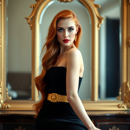 Portrait of a beautiful young woman with red hair in a luxurious interior.の素材