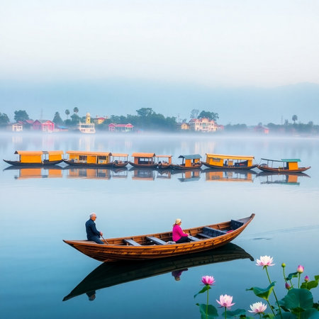 Morning mist on the lake with fishing boat and house in the backgroundの素材