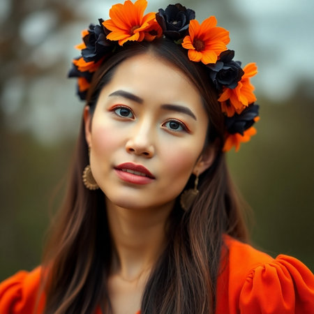 Portrait of a beautiful Vietnamese girl in a red coat with flowers in her hairの素材