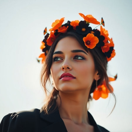 Beautiful girl in a wreath of poppies on her headの素材