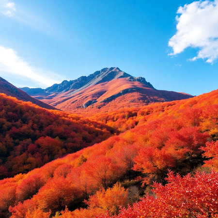 Colorful autumn mountain landscape with red and orange forest and blue skyの素材