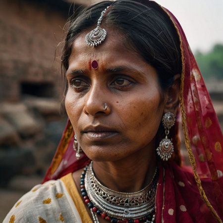 Indian woman in a red sari at Pushkar, Rajasthan, Indiaの素材
