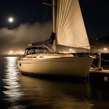 Luxury yacht sailing in a harbor at night with a full moon in the backgroundの素材