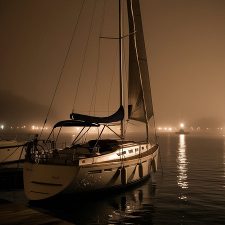 Sailing boat in the sea at night. Black and white photo.の素材