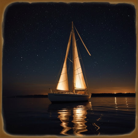 Sailboat on the sea at night with starry sky.の素材