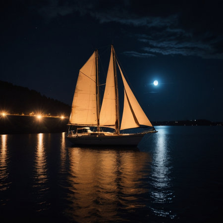 Sailing yacht on the lake at night with full moon in the backgroundの素材