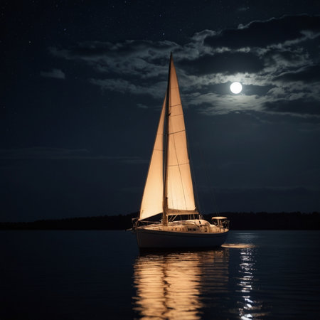 Sailing yacht on the lake at night with full moon in the backgroundの素材