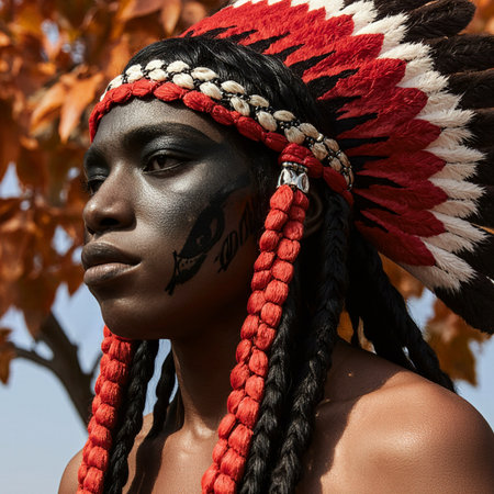 Portrait of a beautiful African American woman with black skin and red headdress.の素材