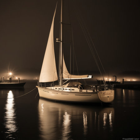 Yacht in the port at night. Sepia toned.の素材