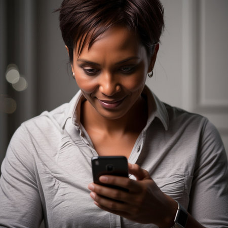 Young african american woman using her mobile phone at home.の素材