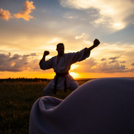 Silhouette of a karate man in the field at sunsetの素材
