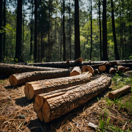 Woodpile of pine tree trunks in forest. Nature backgroundの素材