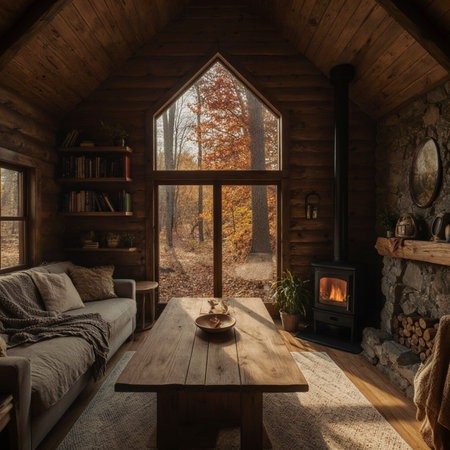 Interior of a rustic wooden house with a fireplace in the autumn forestの素材