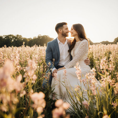 Beautiful couple in love, bride and groom posing in a field of flowersの素材