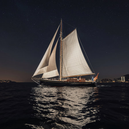 Sailboat in the sea at night with stars in the skyの素材