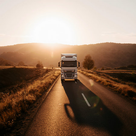 truck on the road at sunset in the mountains. travel conceptの素材